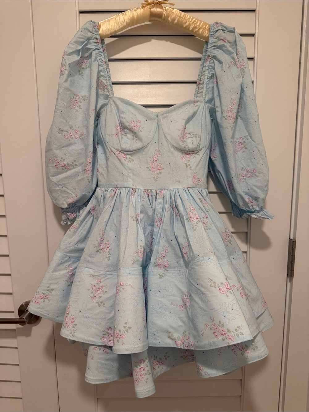 Selkie Light Blue Floral Puff-Sleeve South of France Vacation Dress